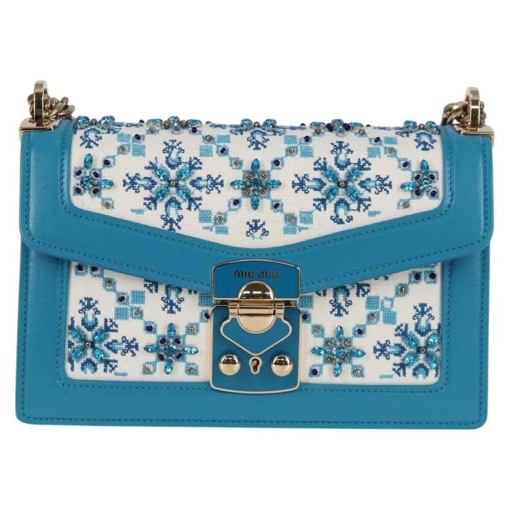 Miu Miu Canvas Leather Chain Shoulder Bag Blue